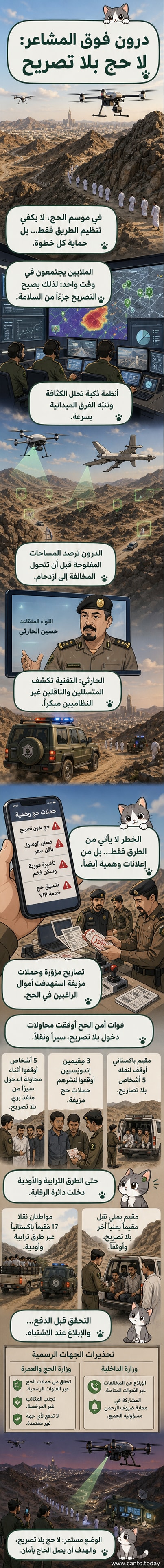 رسم توضيحي لطائرة مُسيرة (درون) تراقب حشود الحجاج في المشاعر المقدسة، مع خلفية من الكاميرات الذكية والأنظمة الرقمية التي تراقب الحركة.