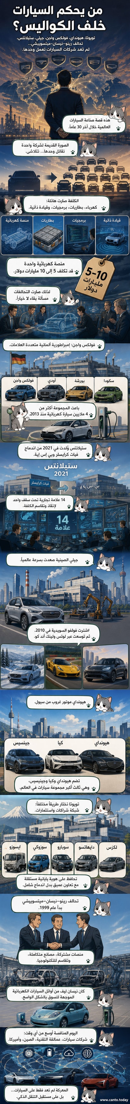 رسم توضيحي يظهر تكتلات شركات السيارات الكبرى مثل تويوتا وهيونداي وفولكس واجن وستيلانتس وجيلي، مع خطوط تربط بينها لتمثيل التحالفات والاندماجات في خريطة صناعة السيارات العالمية.