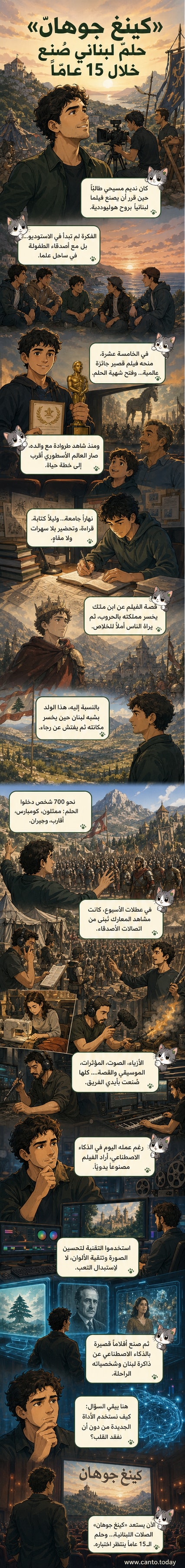 مخرج لبناني يقف أمام لوحة دعائية لفيلمه «كينغ جوهان»، فيلم سينمائي طموح نُفذ على مدى 15 عاماً بمشاركة فريق من الأصدقاء.