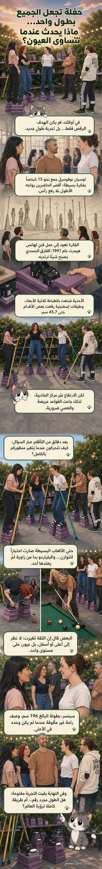 مجموعة من الأشخاص يرتدون أحذية منصات عالية في حفل فني، وهم يقفون على نفس المستوى البصري، مع استخدام عصي دعم للحفاظ على التوازن.