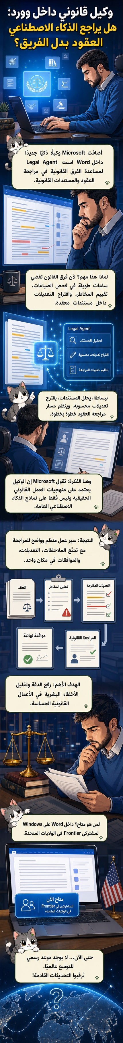 رسم توضيحي يظهر برنامج مايكروسوفت وورد مع رمز وكيل ذكاء اصطناعي يُحلل مستندًا قانونيًا ويُظهر توصيات بجانب النص