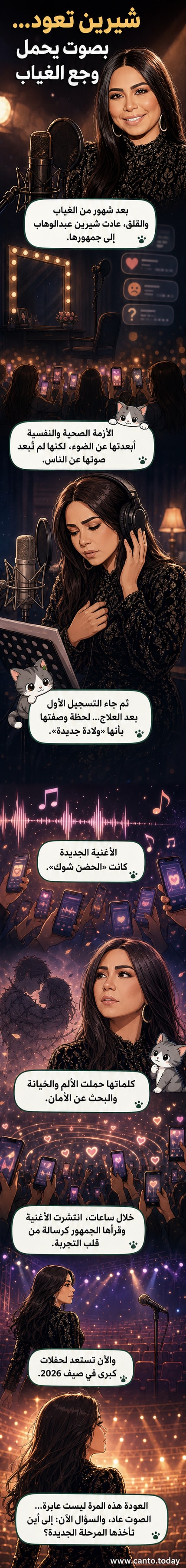 شيرين عبدالوهاب تغني على خشبة مسرح مضاءة بأضواء دافئة، تعبيرها حزين لكن واثق، في إشارة إلى عودتها القوية بعد أزمة صحية.