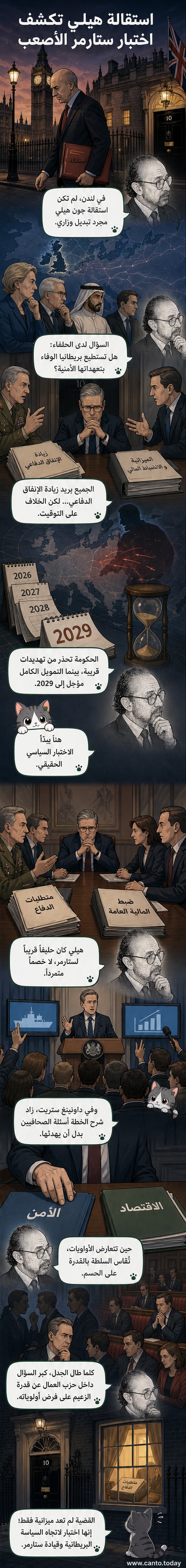 رسم توضيحي يظهر مبنى البرلمان البريطاني مع ظل لرئيس وزراء يقف أمام خريطة أوروبا، بينما يحمل وزير دفاع مستقيل ملفاً مكتوباً عليه 'الإنفاق الدفاعي'.