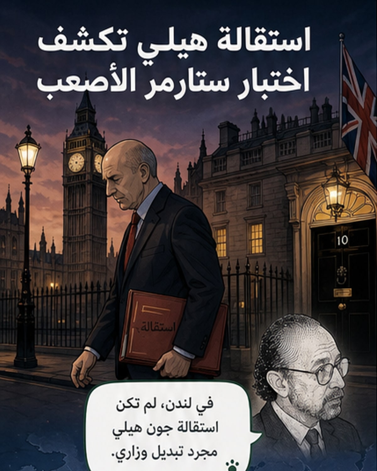 رسم توضيحي يظهر مبنى البرلمان البريطاني مع ظل لرئيس وزراء يقف أمام خريطة أوروبا، بينما يحمل وزير دفاع مستقيل ملفاً مكتوباً عليه 'الإنفاق الدفاعي'.