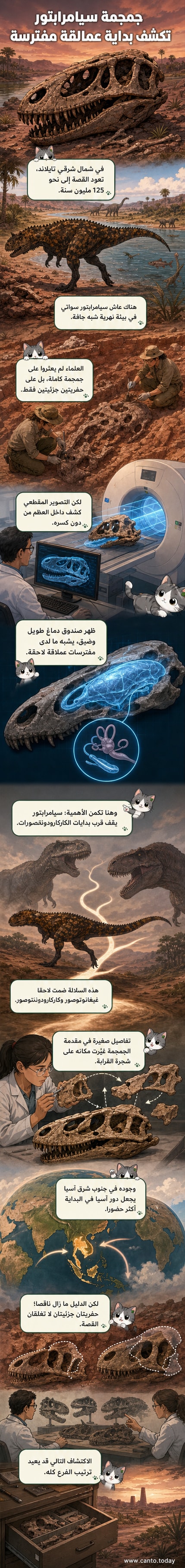 رسم توضيحي لجمجمة ديناصور 'سيامرابتور' مع تصور داخلي لتجويف الدماغ الطويل والضيق، على خلفية بيئة نهرية قديمة في تايلاند.