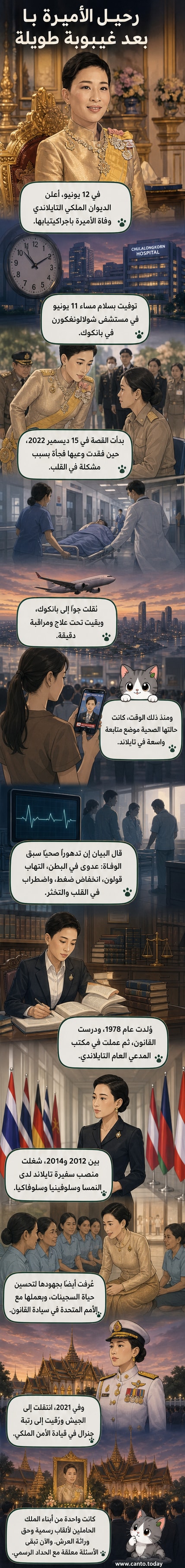 رسم توضيحي يظهر الأميرة التايلاندية باجراكيتيابا ناريندرا مع خلفية تضم مستشفى شولالونغكورن وشارع بانكوك، مع إشارة إلى تاريخ دخولها المستشفى وتاريخ وفاتها.
