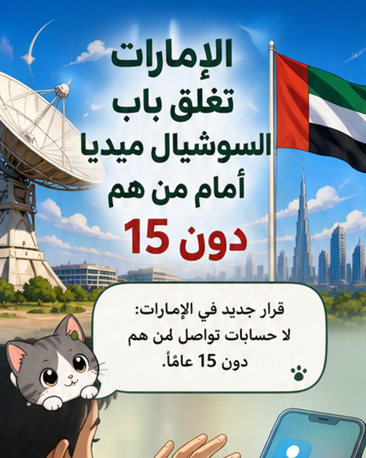 رسم توضيحي يظهر هاتفاً ذكياً مع شعار تطبيقات تواصل اجتماعي، وطفل يقف خلفه بعلامة منع حمراء، في خلفية تمثل دولة الإمارات.