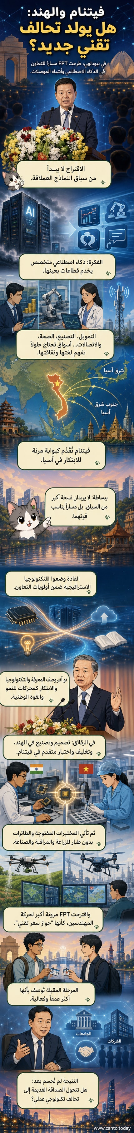 رسم توضيحي يظهر علمي فيتنام والهند مع رموز تكنولوجية مثل شرائح إلكترونية وذكاء اصطناعي، تربطهما شبكة رقمية تمثل التحالف التقني الجديد.