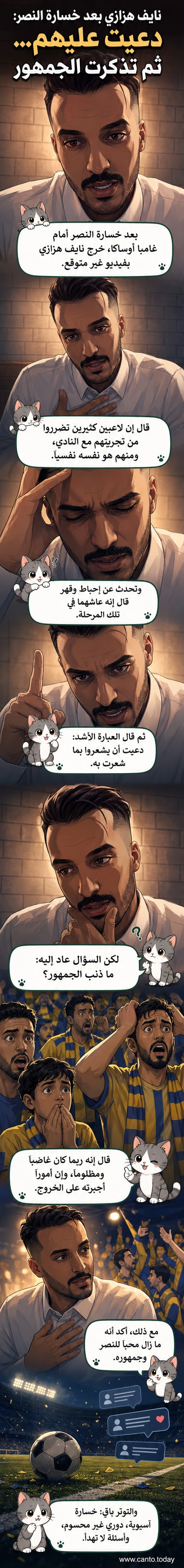 صورة للاعب نايف هزازي أثناء حديثه في مقطع فيديو، بخلفية داكنة، يعبّر عن مشاعره تجاه تجربته مع نادي النصر.