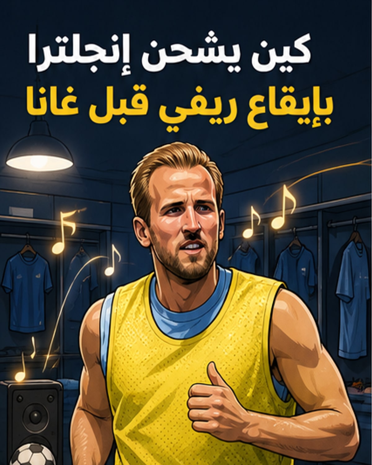 رسم كاريكاتيري لهاري كين يحمل سماعات موسيقية وبيتزا في يد، وحوله لاعبون من منتخب إنجلترا وهم يرتدون ملابس راعٍ، مع خلفية حفل موسيقي في الهواء الطلق.