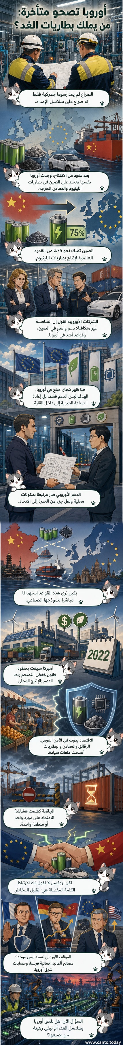 رسم توضيحي يظهر تنافس أوروبا والصين على السيطرة على سلاسل توريد التكنولوجيا الخضراء، مع رموز لبطاريات، رقائق إلكترونية، وسلاسل توريد.