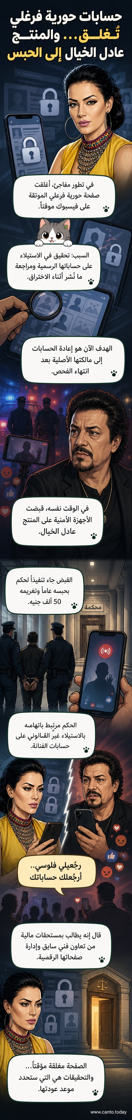 رسم توضيحي يظهر حسابات وسائل التواصل الاجتماعي لحورية فرغلي مقفلة، بينما يظهر المنتج عادل الخيال خلف القضبان.