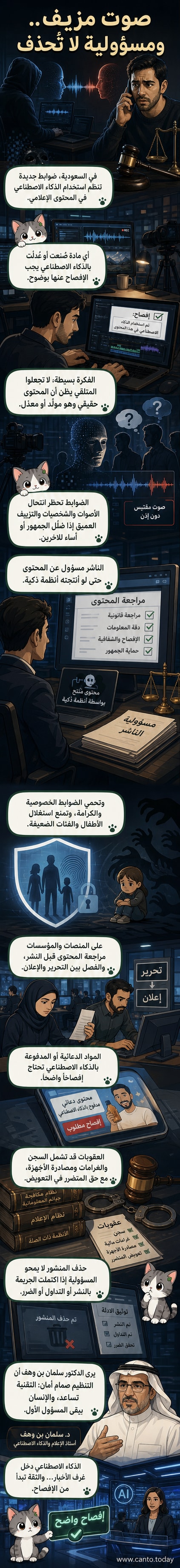 رسم توضيحي يظهر صحفيًا أمام شاشة كمبيوتر تعرض رمز الذكاء الاصطناعي، مع علامة تحقق تشير إلى الشفافية، وخلفية تضم رموزًا للوسائط المتعددة والخصوصية.