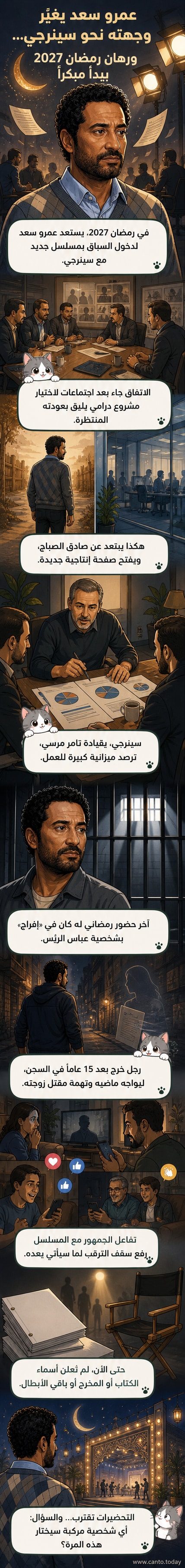 صورة فنية للفنان عمرو سعد بخلفية درامية، ترمز لعودته إلى الدراما الرمضانية مع مسلسل جديد من إنتاج سينرجي