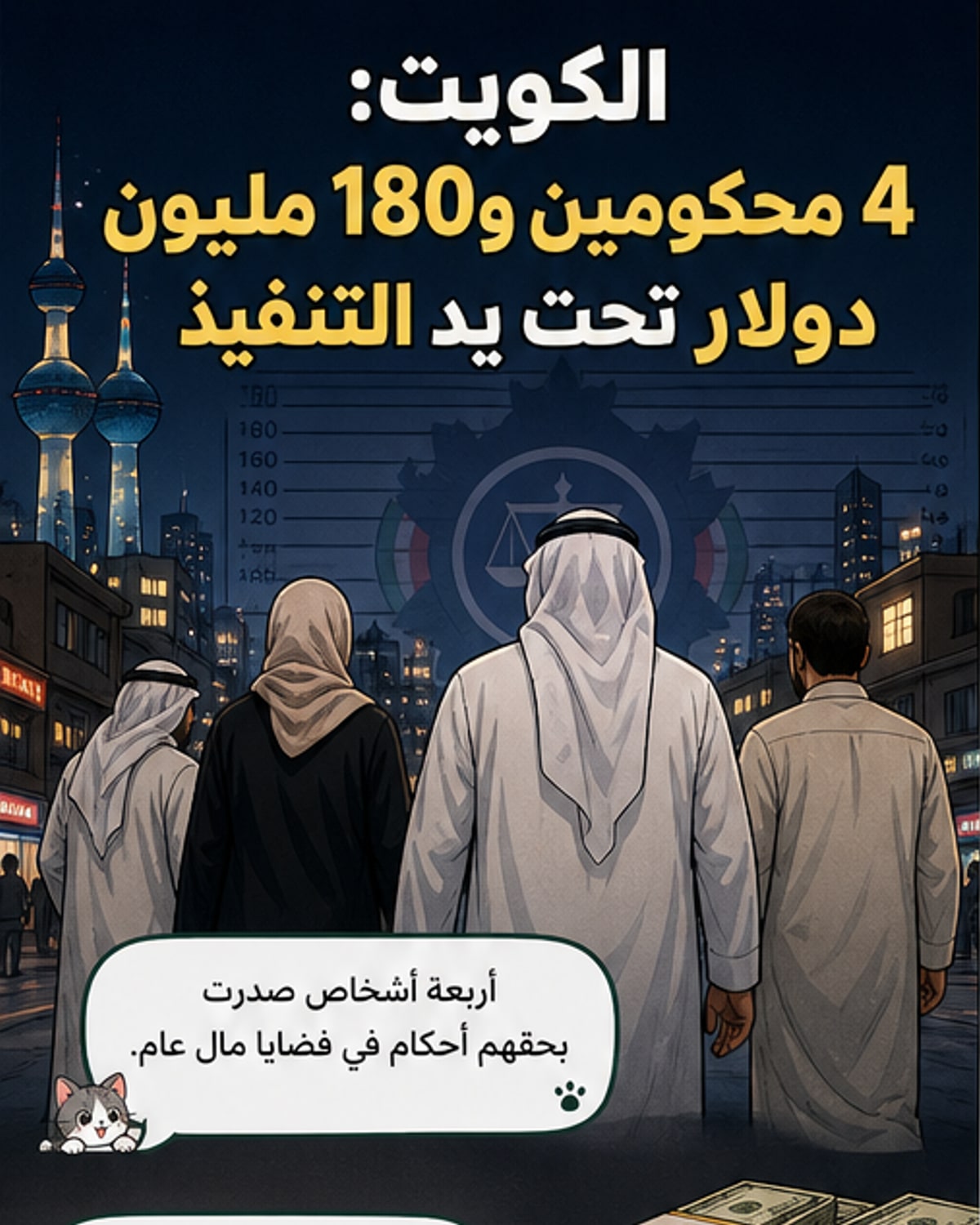 رسم توضيحي يظهر أربعة أشخاص تم القبض عليهم في قضية استيلاء على المال العام في الكويت، مع خلفية ترمز للعدالة والنظام.