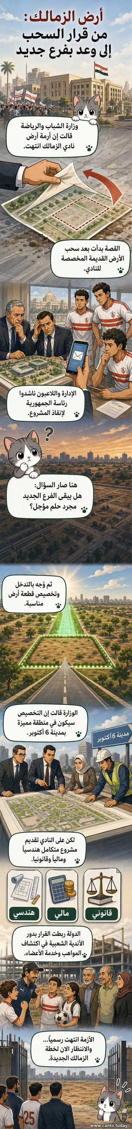 رسم توضيحي يظهر وزير رياضة مصري يعلن عن خريطة أرض جديدة لنادي الزمالك، مع خلفية لمدينة 6 أكتوبر والقاهرة
