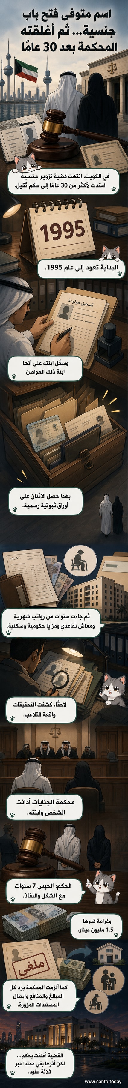رسم توضيحي لقضية تزوير جنسية في الكويت، يظهر وثيقة رسمية مع إشارة إلى بيانات مزورة لمواطن متوفٍ، وابنته المسجلة بشكل غير قانوني.