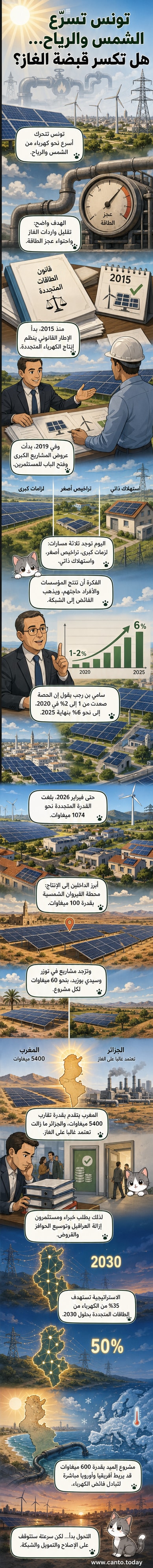 رسم توضيحي يظهر دولة تونس مع أسطح منازل مغطاة بالألواح الشمسية، ورياح تدور حول توربينات طاقة، وخط كهرباء يمتد نحو أوروبا، في إشارة إلى مشروع الربط الكهربائي.