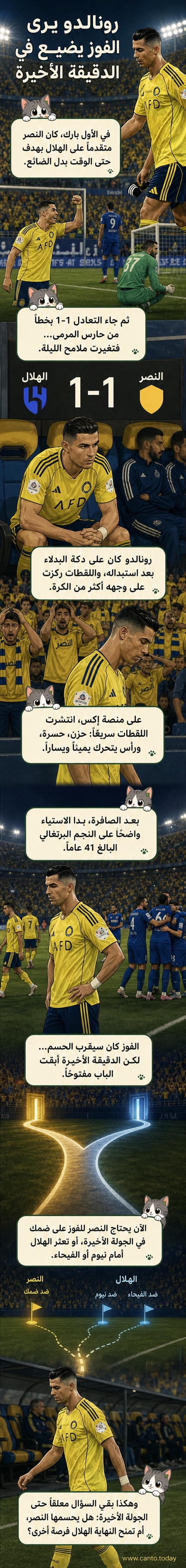 لقطة من مقعد البدلاء تُظهر كريستيانو رونالدو يهز رأسه مستاءً بعد تعادل فريقه النصر مع الهلال في الدقيقة الأخيرة.