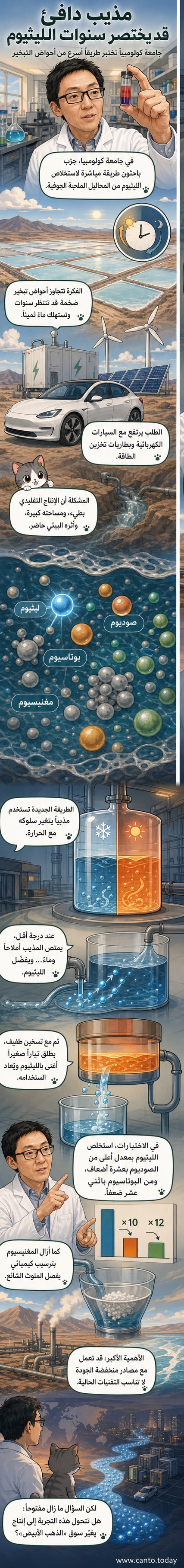 رسم توضيحي لتقنية جديدة تُظهر استخلاص الليثيوم من محلول ملحي باستخدام مذيب حساس للحرارة، مع تدفق دوّار يوضح إعادة استخدام المذيب وتقليل الحاجة إلى المياه.