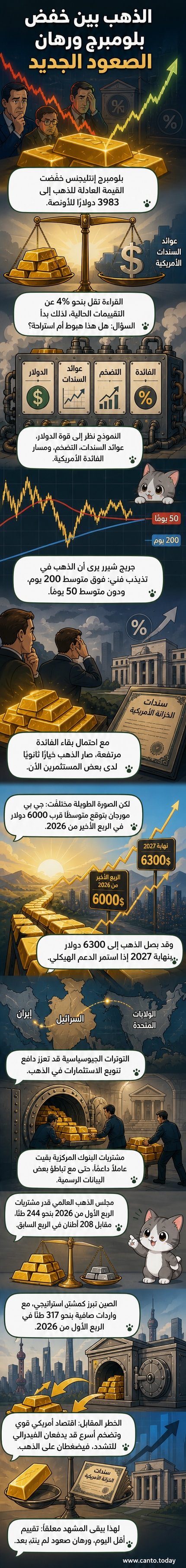 رسم توضيحي يظهر سعر الذهب متذبذبًا بين خطين متحركين، مع خلفية تضم رموزًا للبنوك المركزية، الدولار، والنفط، تعبيرًا عن العوامل المؤثرة في السوق