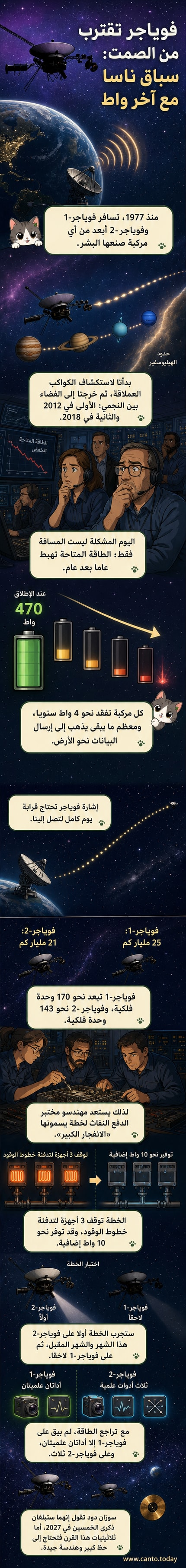 رسم تخطيطي لمركبة فوياجر في الفضاء بين النجمي، مع خلفية نجوم بعيدة وأشعة كونية، ورمز الأسطوانة الذهبية بارز على جسمها.