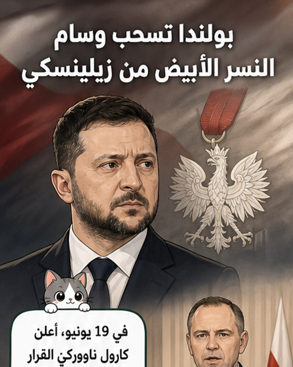 رسم توضيحي يظهر الرئيس الأوكراني زيلينسكي وهو يُجرّد من وسام النسر الأبيض البولندي، مع خلفية تضم علمي البلدين وسياق تاريخي للتوتر.