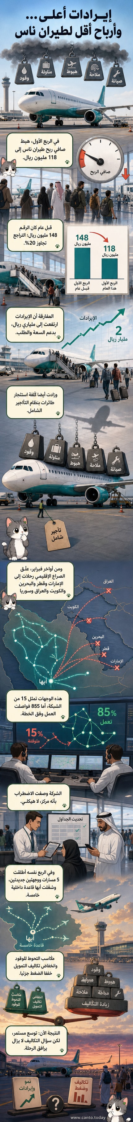 رسم توضيحي يظهر طائرة طيران ناس مع منحنى هبوط في الأرباح وصعود في التكاليف، وخلفية تضم محطات طيران ووقود وعملات.