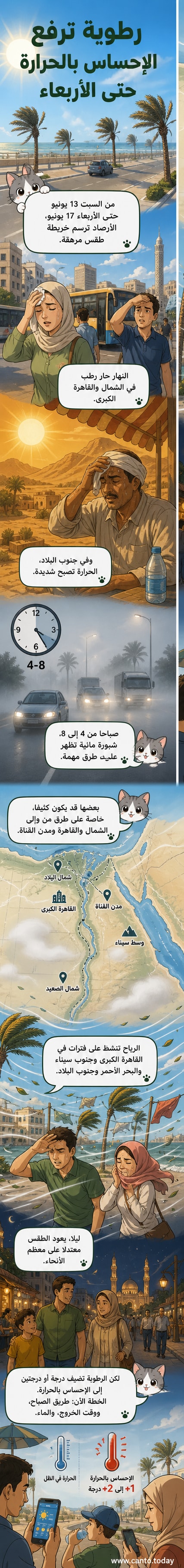 رسم توضيحي يظهر طقسًا حارًا ورطبًا في مصر مع أشعة شمس قوية، ضباب خفيف في الصباح، ورياح نشطة في مناطق سيناء والبحر الأحمر
