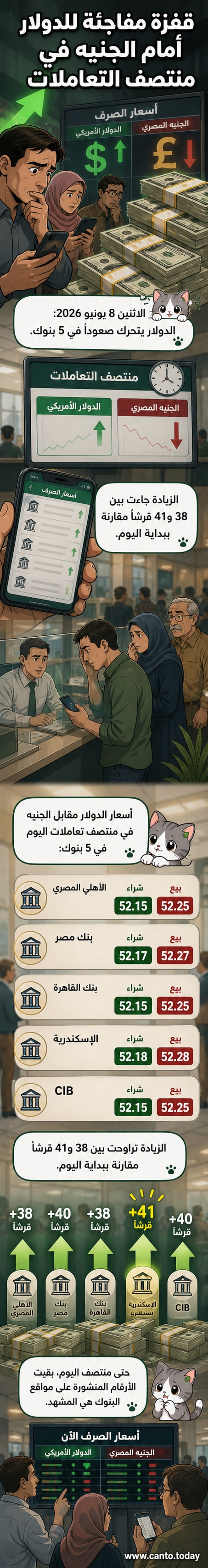 رسم توضيحي يظهر ارتفاع سعر الدولار مقابل الجنيه المصري في منتصف تعاملات يوم الاثنين، مع عرض أسعار في خمسة بنوك كبرى.