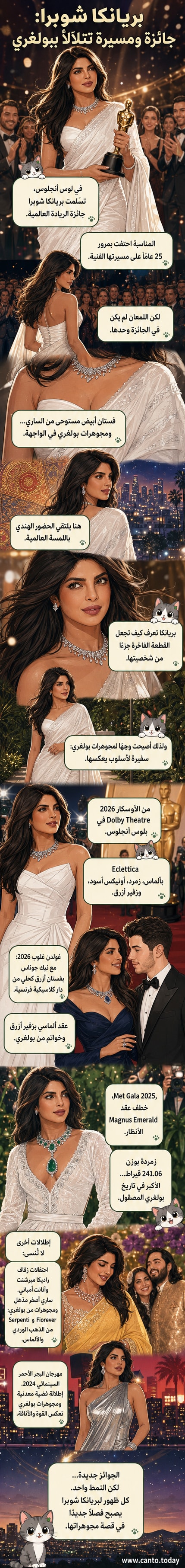 بريانكا شوبرا ترتدي فستانًا أبيض ومجوهرات فاخرة من بولغري، تشمل عقدًا كبيرًا من الزمرد والياقوت، خلال إحدى إطلالاتها على السجادة الحمراء.