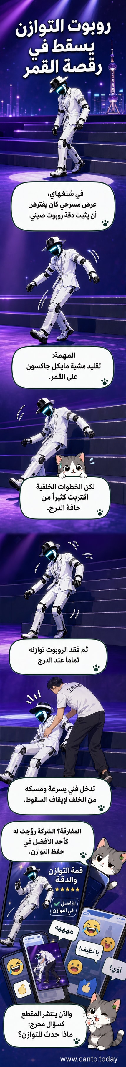 روبوت صيني يرتدي زياً أبيض ويسقط على درج مسرح أثناء محاولة تنفيذ رقصة مايكل جاكسون، بينما يمتد فني لإنقاذه