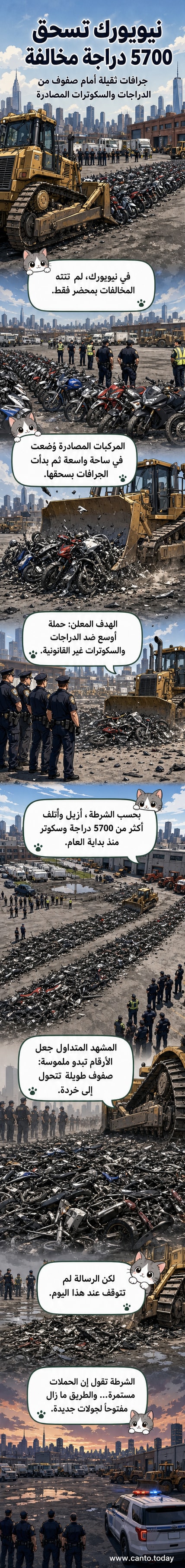 جرافة ضخمة تسحق أكوامًا من الدراجات النارية والسكوترات المصادرة في ساحة واسعة بنيويورك تحت إشراف شرطة المدينة.