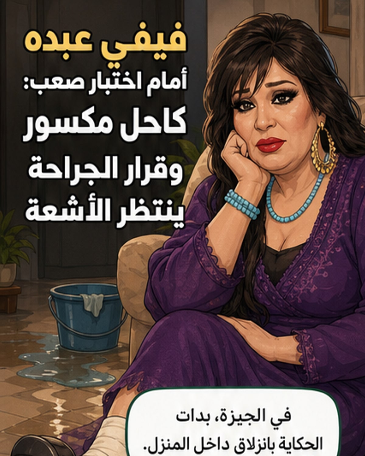 رسم توضيحي للفنانة فيفي عبده جالسة على كرسي متحرك داخل منزلها، مع إبراز كاحل قدمها مُجبَس، وفي الخلفية مشهد تسرب مياه من أنبوب مكسور.