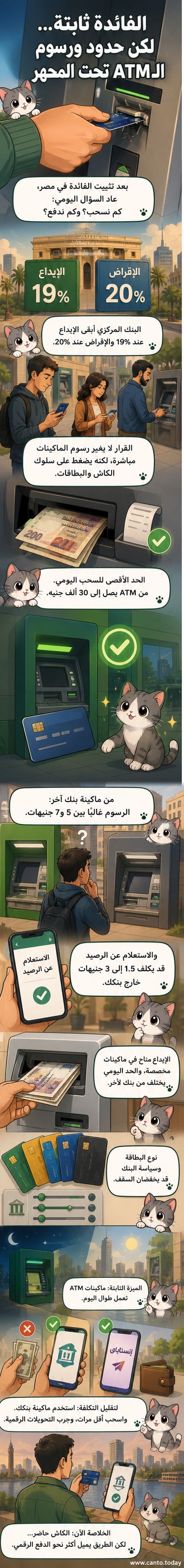 رسم توضيحي يوضح حدود السحب اليومية من ماكينات الصراف الآلي في مصر بعد قرار تثبيت سعر الفائدة، مع تفاصيل عن الرسوم حسب نوع البنك ونوع العملية.