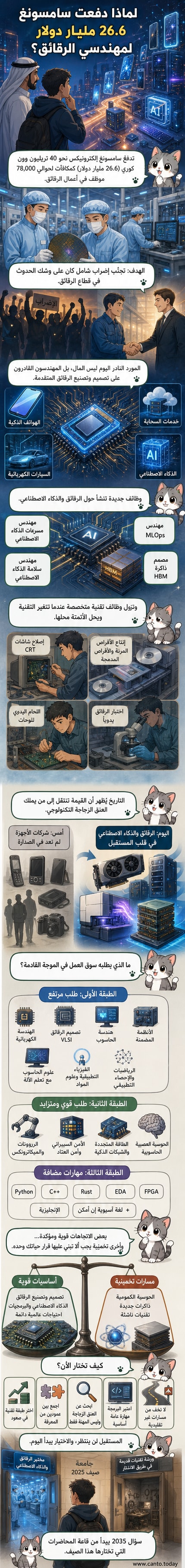 رسم توضيحي لمهندس كوري يقف أمام رقاقة ضخمة تخرج منها أكوام من الدولارات، مع خلفية معمل تصنيع رقائق متقدمة.