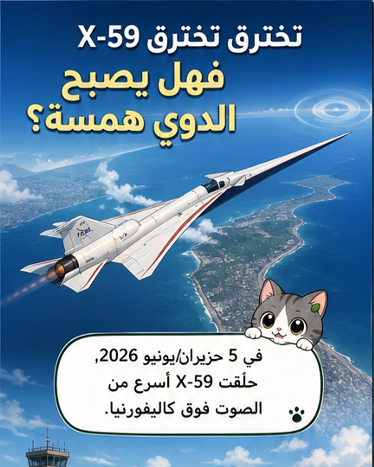 رسم توضيحي لطائرة X-59 طويلة ونحيفة تحلق في السماء الزرقاء، مع تركيز على هيكلها المدبب الأمامي وغياب النافذة الأمامية، وخلفية تضم سحابة صدمية خفيفة.