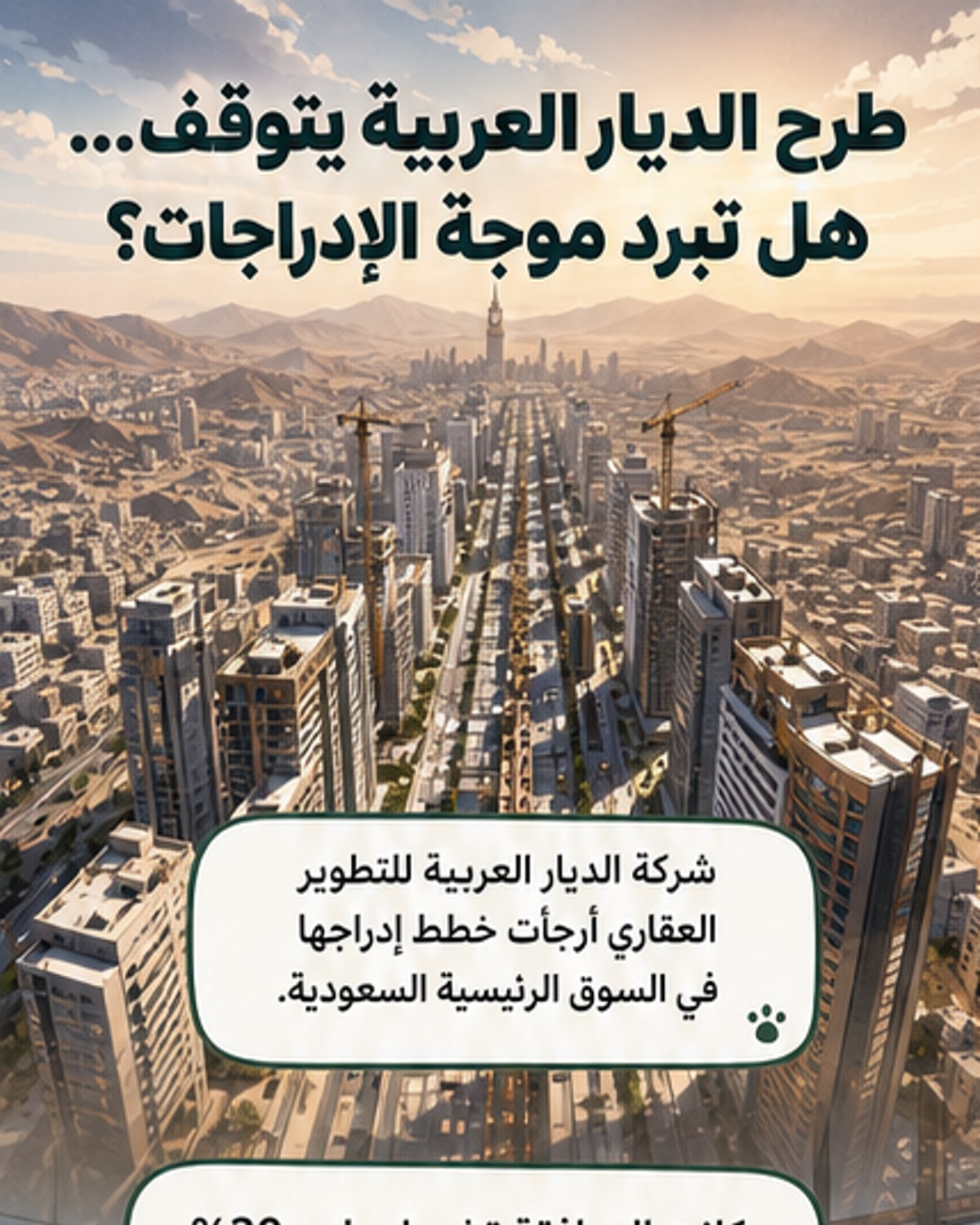 مخطط يوضح برجاً عصرياً ضمن مشروع ديار الحرم في مكة، مع خلفية تضم الكعبة، وشعار شركة الديار العربية، ونص: تأجيل الطرح للمرة الثانية