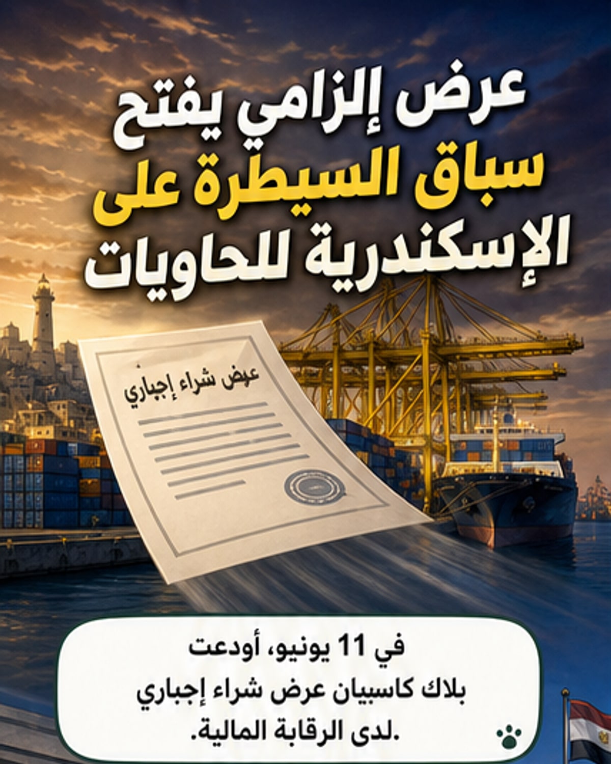 رسم توضيحي يظهر شركة بلاك كاسبيان تقدم عرضاً لشراء حصة كبيرة في شركة الإسكندرية لتداول الحاويات، مع ظهور رمز السهم وسعر العرض