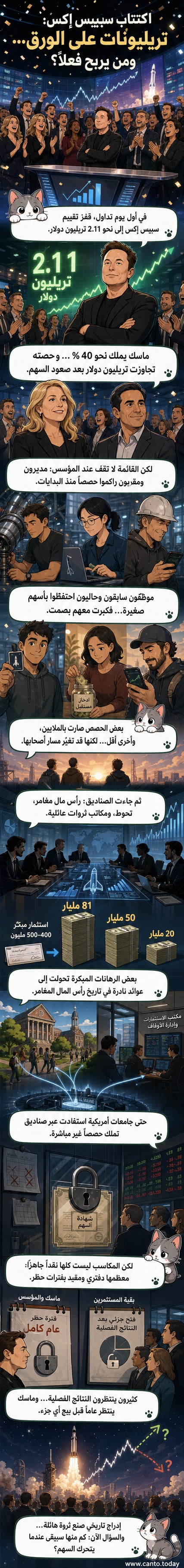 رسم توضيحي يظهر إيلون ماسك وسط موجة من الأسهم الصاعدة، مع أيقونات تمثل مستثمرين وموظفين ومؤسسات تعليمية تحيط بسهم سبيس إكس.