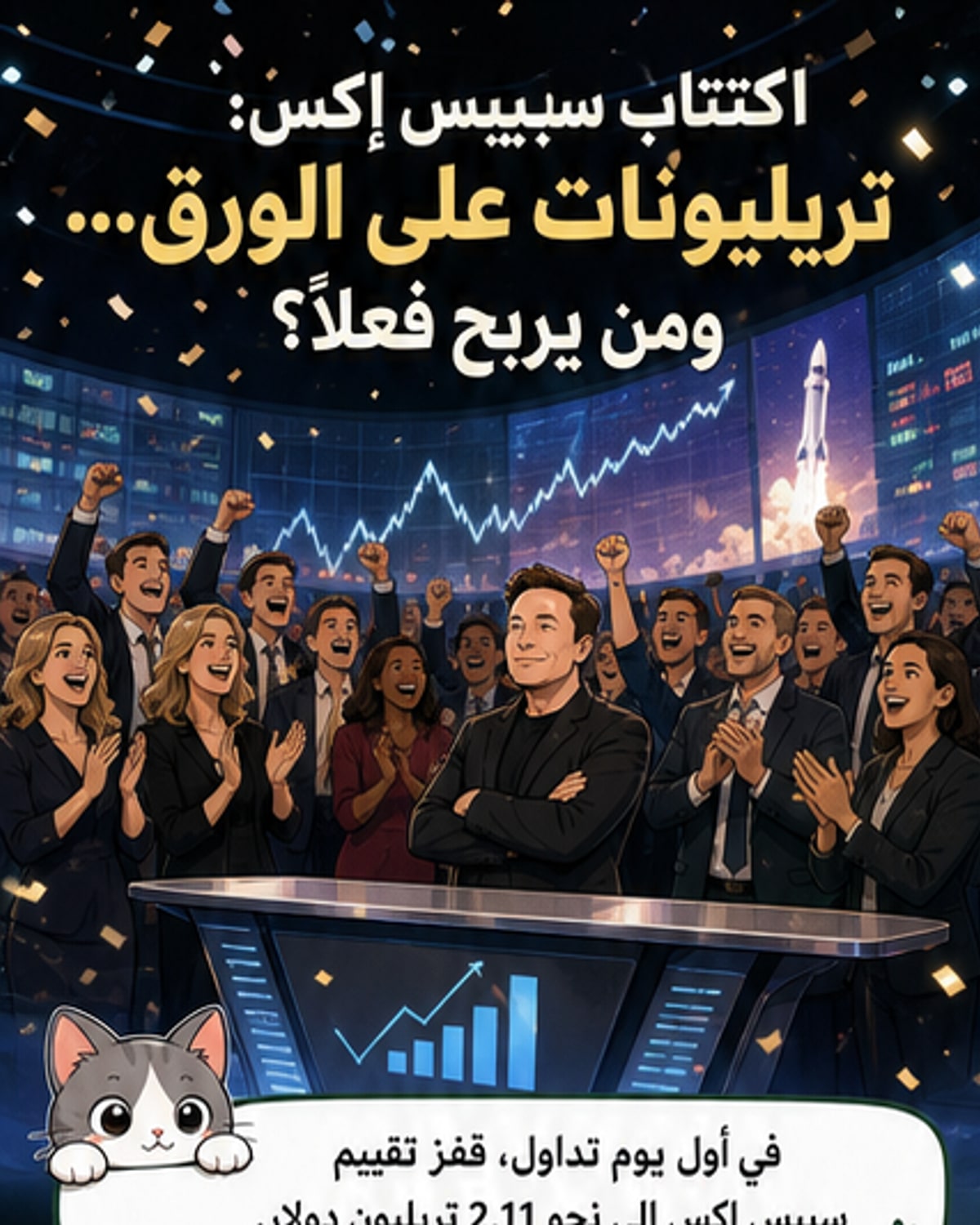 رسم توضيحي يظهر إيلون ماسك وسط موجة من الأسهم الصاعدة، مع أيقونات تمثل مستثمرين وموظفين ومؤسسات تعليمية تحيط بسهم سبيس إكس.