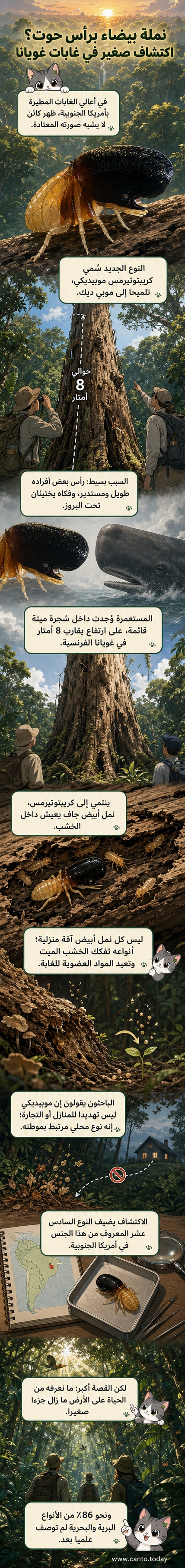 رسم توضيحي لنملة بيضاء صغيرة برأس مستدير يشبه رأس حوت العنبر، في بيئة غابة مطيرة.