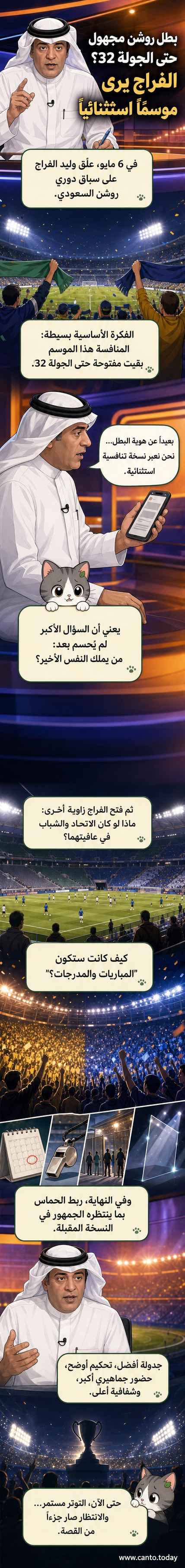 رسم كرتوني يظهر لاعبين في ملعب كرة قدم سعودي، مع شعار دوري روشن، وجمهور متحمس في المدرجات، بينما تظهر ساعة تشير إلى الدقائق الأخيرة من المباراة.