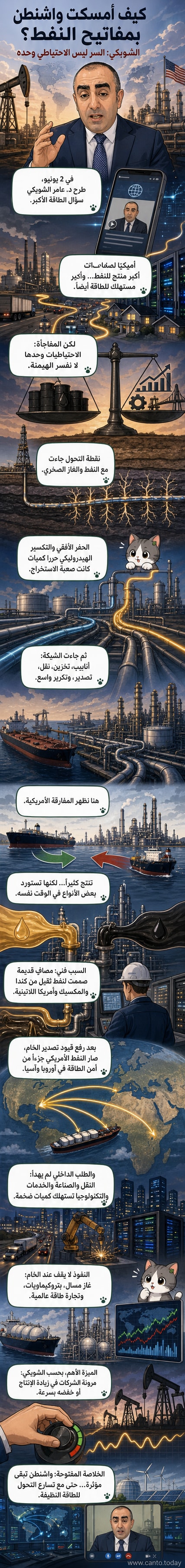 رسم توضيحي يظهر منصة حفر نفطية في صحراء أمريكية، مع خطوط أنابيب تمتد إلى مصافي وسفن تصدير، وسهم يشير إلى العالم، في خلفية علم الولايات المتحدة.