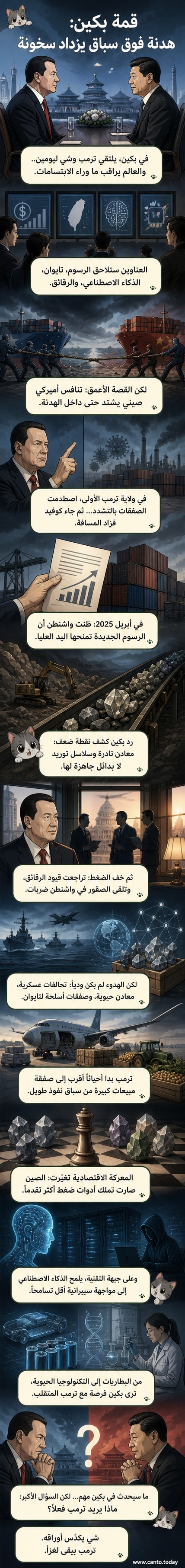 رسم توضيحي لترمب وشي يجلسان متقابلين في قمة في بكين، مع خلفية تُظهر رقائق إلكترونية وسلاسل توريد وعلمَي البلدين.