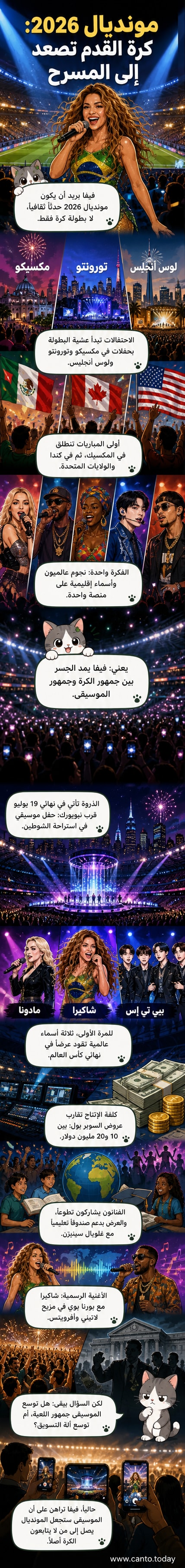ملصق دعائي لمونديال 2026 يظهر فيه ملعب كرة قدم مضاء بأضواء حفل موسيقي، مع ظهور شاكيرا ومادونا وبي تي إس على الشاشة الخلفية