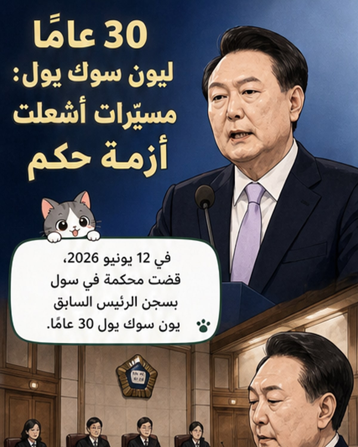 رسم توضيحي لرئيس كوري جنوبي سابق خلف القضبان، مع طائرة مسيرة وخارطة شبه الجزيرة الكورية في الخلفية