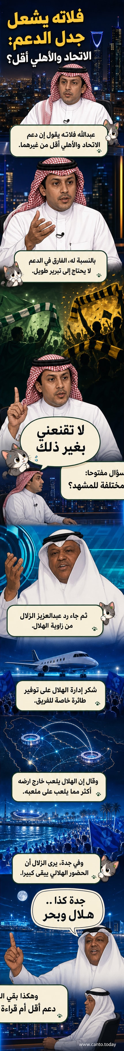 رسم كاريكاتوري يظهر ناقدَين رياضيين يتحدثان على شاشة تلفزيون، مع خلفية تضم شعارات ناديي الهلال والاتحاد والأهلي، وعبارة "جدة كذا.. هلال وبحر" مكتوبة بخط عربي.