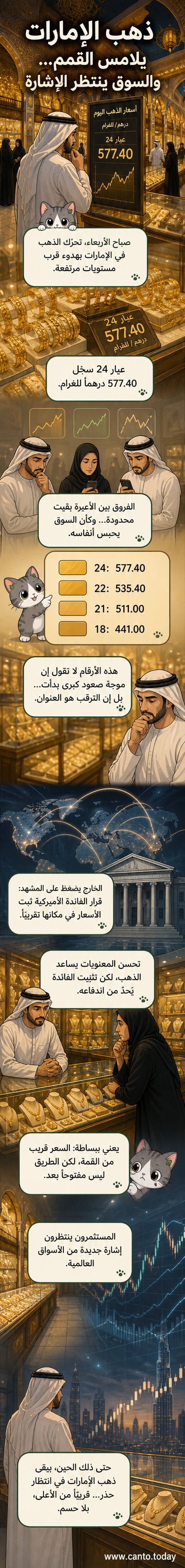 رسم توضيحي يظهر سعر جرام الذهب عيار 24 في الإمارات قرب مستوى 577 درهمًا، مع مؤشرات على ترقب السوق لاتجاهات جديدة.