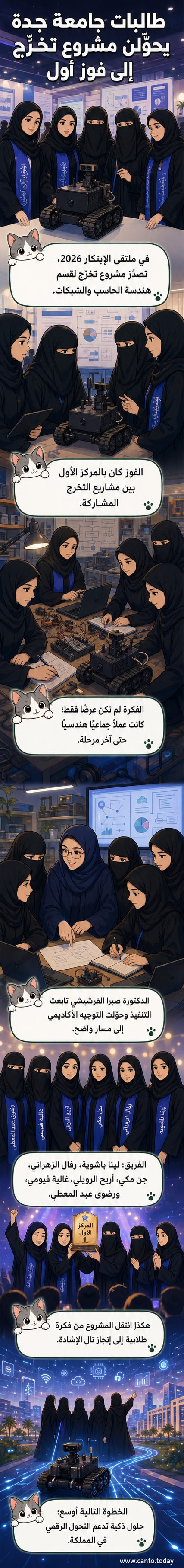مجموعة من الطالبات يرفعن شهادة الفوز بالمركز الأول في ملتقى الابتكار، بخلفية شعار جامعة جدة وعلم المملكة العربية السعودية.